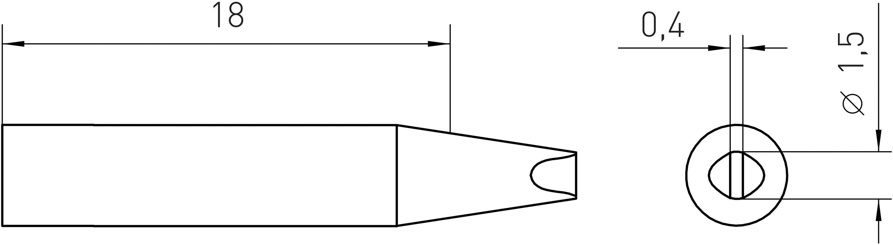 Technical drawing of a cylindrical object with dimensions: Length 18, Diameter 0.4 and 1.5. Top view and side view.