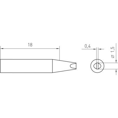 Technical drawing of a cylindrical object with dimensions: Length 18, Diameter 0.4 and 1.5. Top view and side view.