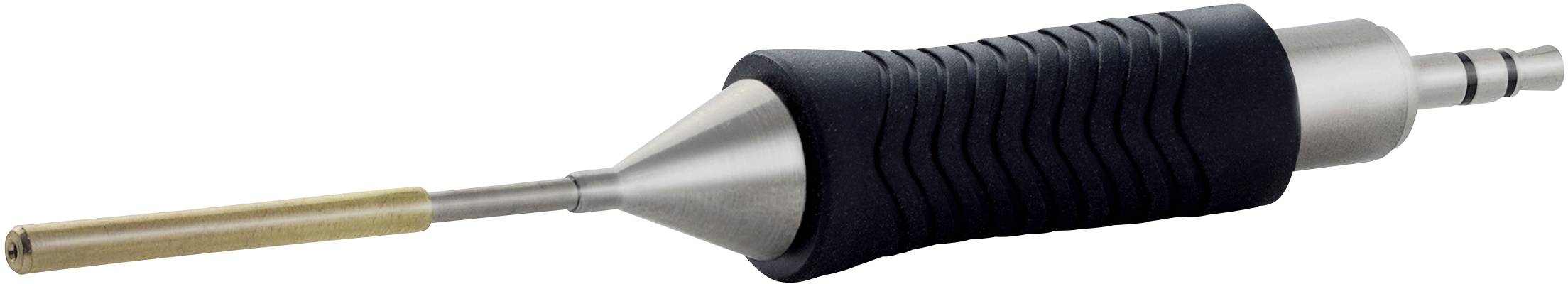 A handy, metallic tool with a tapered end and a grooved, non-slip grip. It has a long, slender point.
