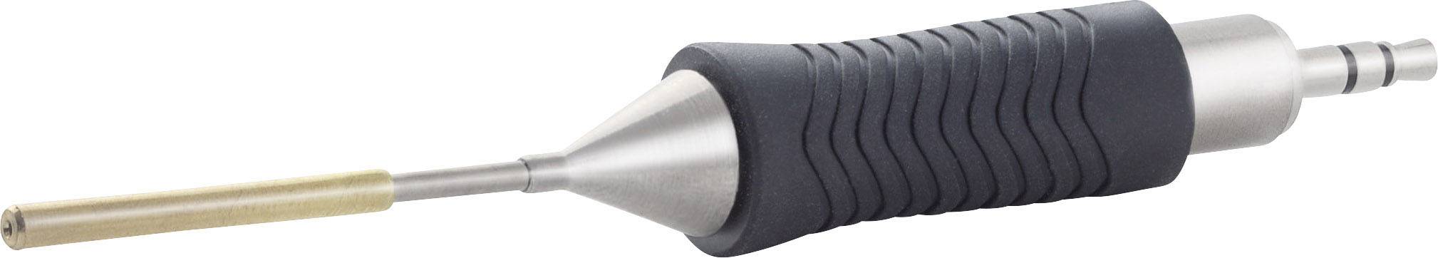 A precision tool with a ribbed, black handle and a long, slender metal probe used for soldering.