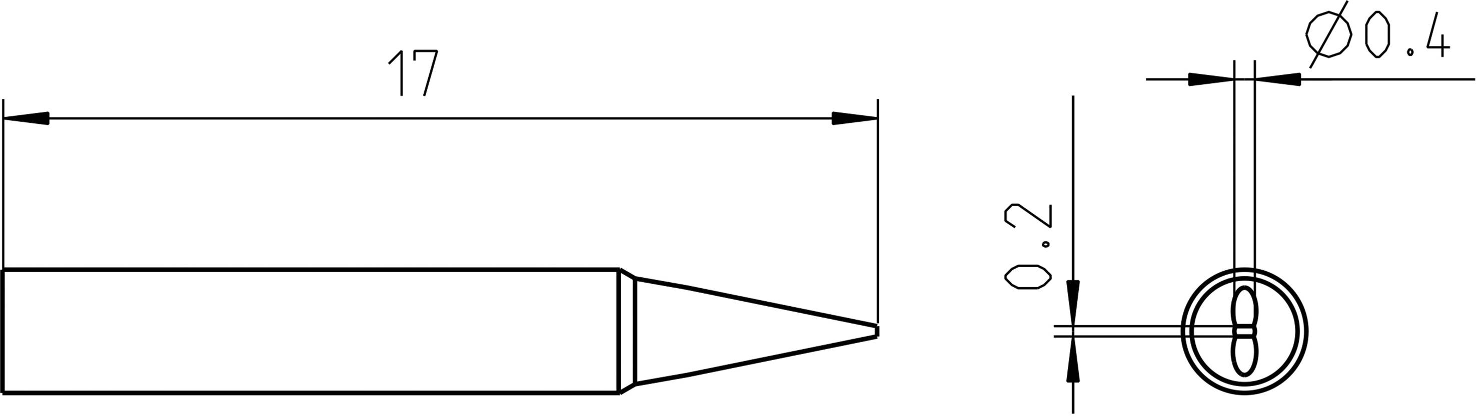 Technical drawing of a tool element with dimensional specifications: Length 17, Ø0.4, width 0.2, tapering to a point.