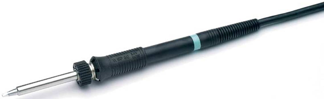 Soldering iron with a black handle and metallic tip, used for soldering electronic components.