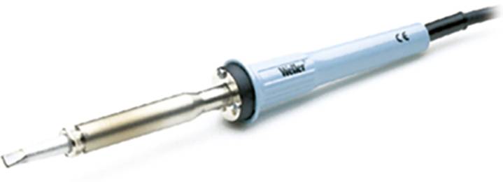 Soldering iron with a blue handle and metal tip, often used for soldering electronic components, on a white background.