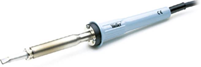 Soldering iron with a blue handle, silver tip, and black cable, primarily used for soldering electronic components.