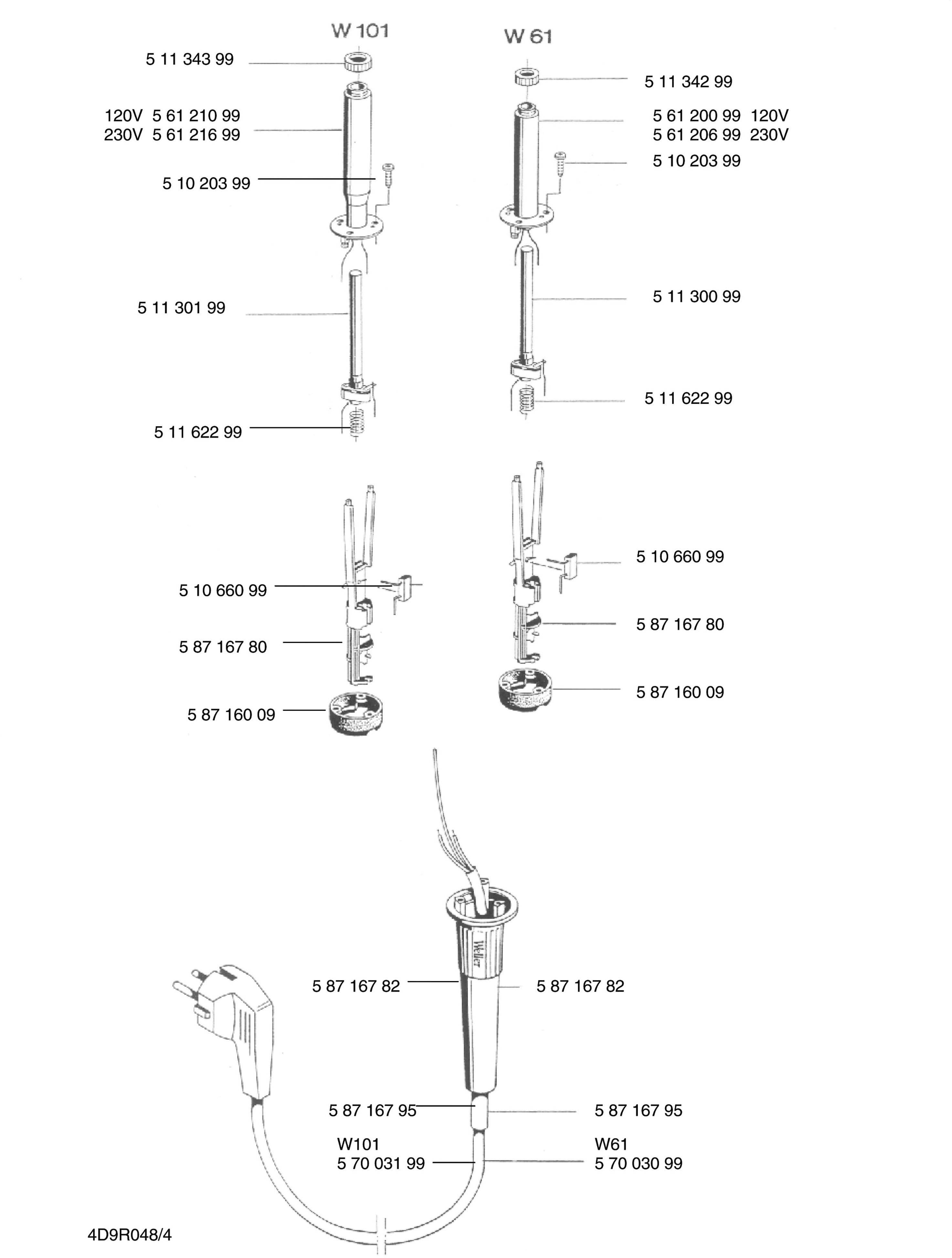 'Exploded diagram of laboratory burners and ignition devices. Detailed parts with numbers and electrical specifications for W 101 and W 61.'