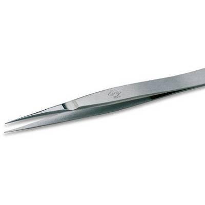 A silver, tapered metal tweezers lying sideways, suitable for precisely gripping small objects.