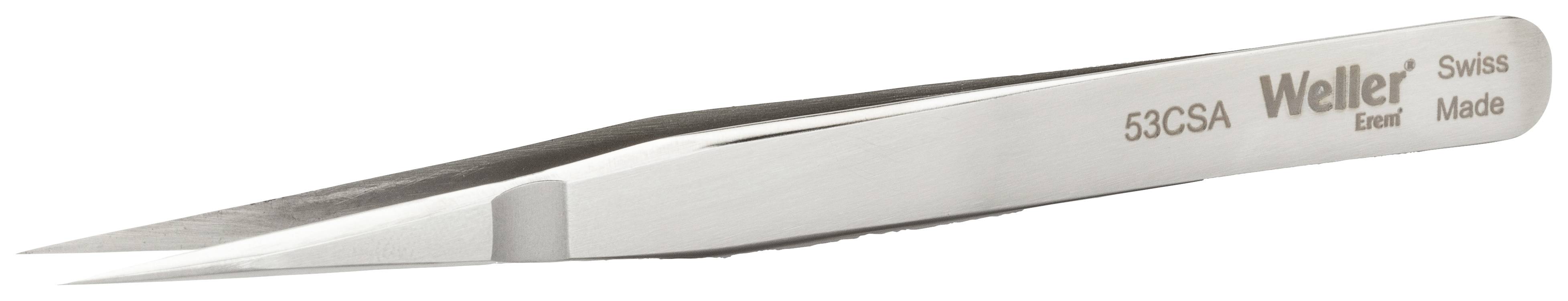 Stainless steel tweezers, tapering to a fine point, with 'Weller 53CSA Swiss Made' engraved on the brand marking. Used for precision work.