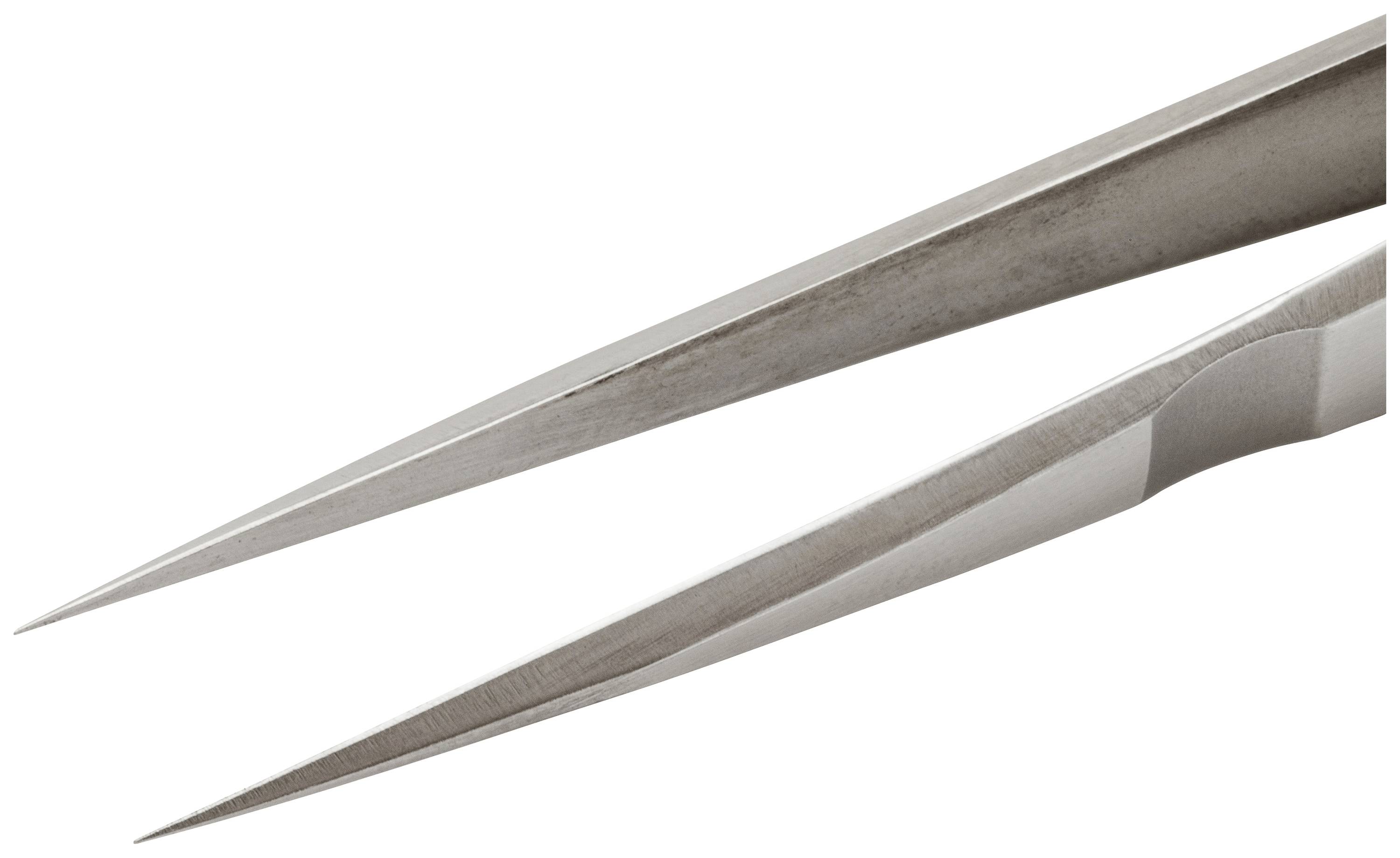 Sharp stainless steel tweezers in close-up; suitable for precise work such as electronics repairs or jewellery making.
