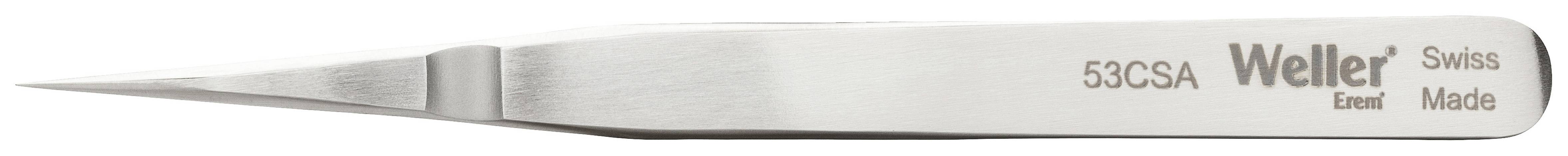 Stainless steel precision tweezers with a pointed tip, bearing the inscription 'Weller Swiss Made' visible.