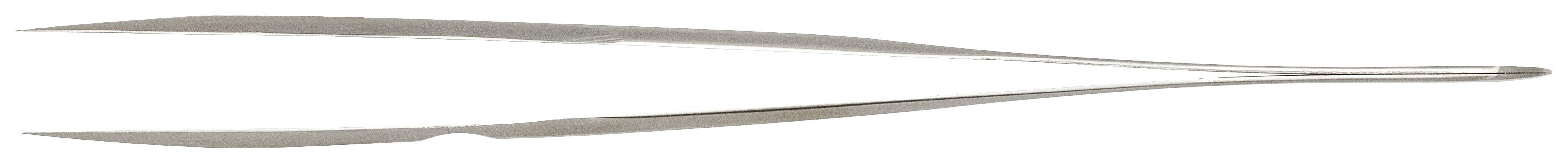 A silver tweezers with curved ends lies in front of a neutral background.