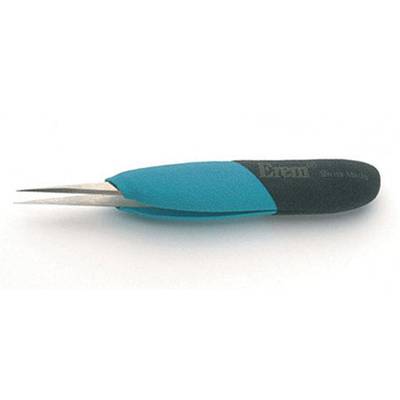 Tweezers with an ergonomic handle, turquoise in colour, with a fine tip for precision work. Suitable for use in crafts or laboratories.