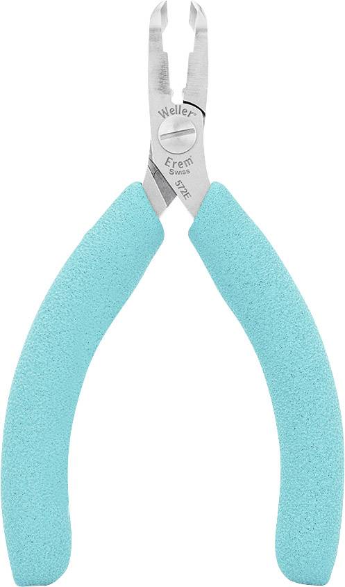 A blue pliers with non-slip handles and a thin, flat tip, suitable for precise work in electronics.