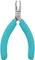Pliers with turquoise, non-slip handles and tapered cutting edges, suitable for precision work in electronics.