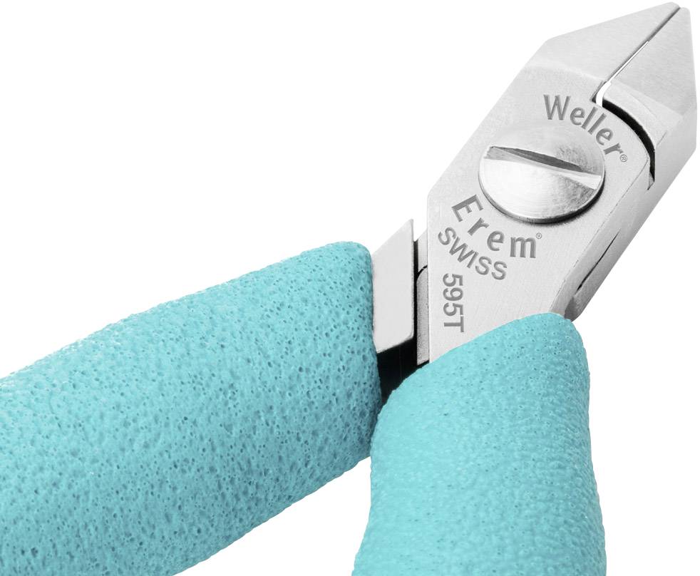 Pliers with turquoise handles, brand 'Weller' and 'Erem', model 595T, manufactured in Switzerland.