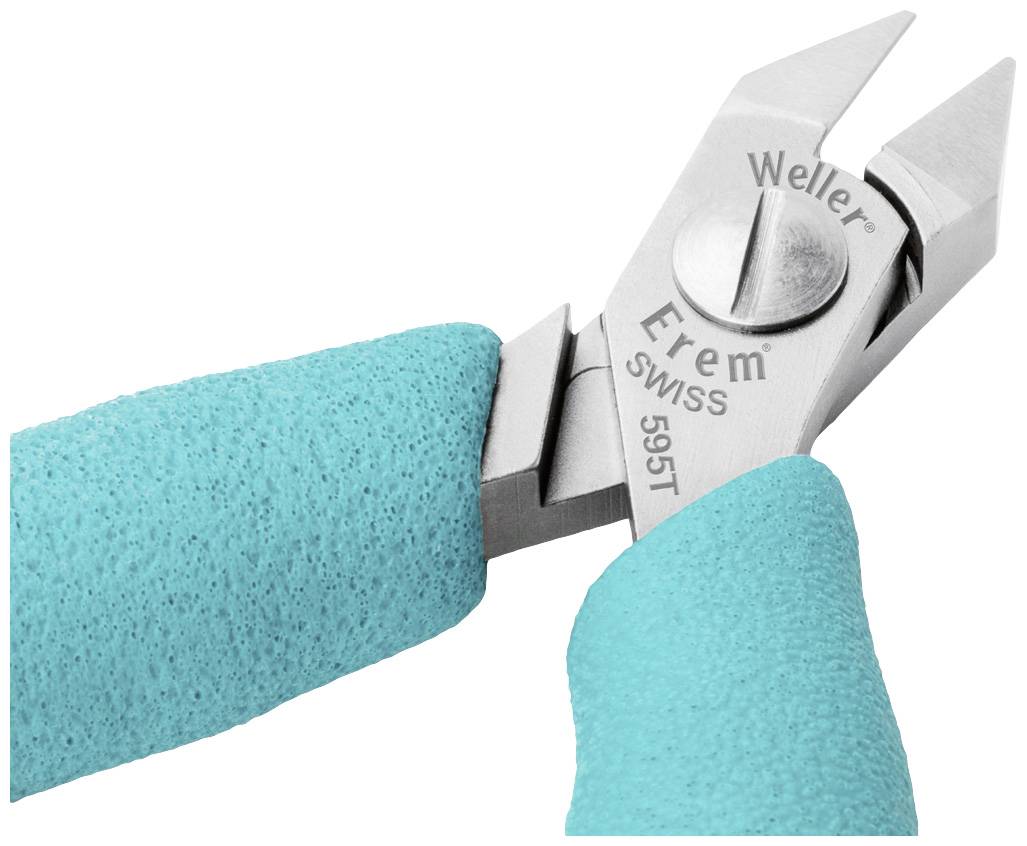 Pliers with turquoise handles, brand inscription 'Weller Erem Swiss 595T' on the blade.