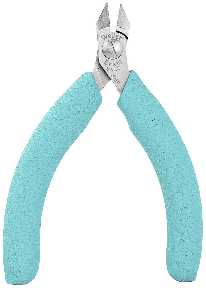 Pliers with turquoise handles, brand name 'Weller Erem Swiss' on metal surface.