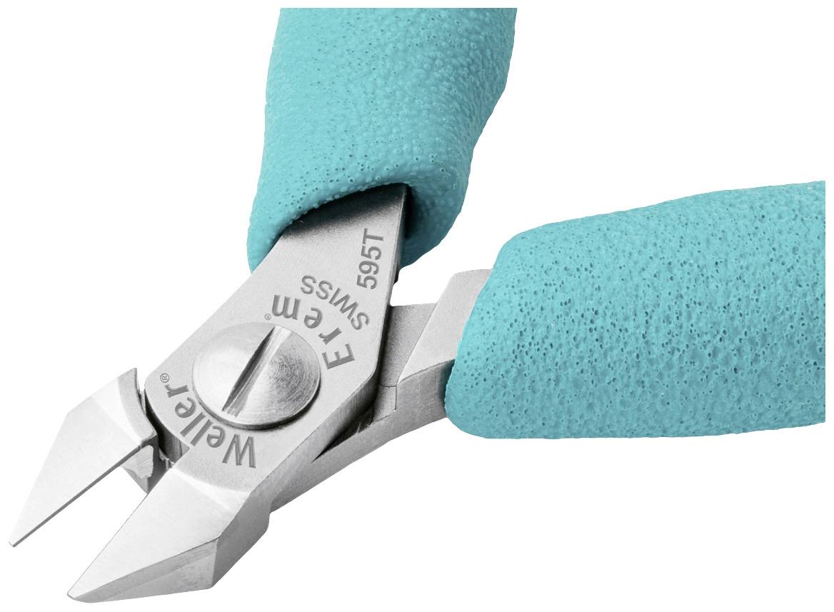 A close-up of a wire cutter with turquoise handles. The metal blade is marked with 'Weller Erem 595T'.