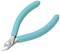 A small side cutter with blue, ergonomic handles and a fine cutting edge, suitable for precision work.