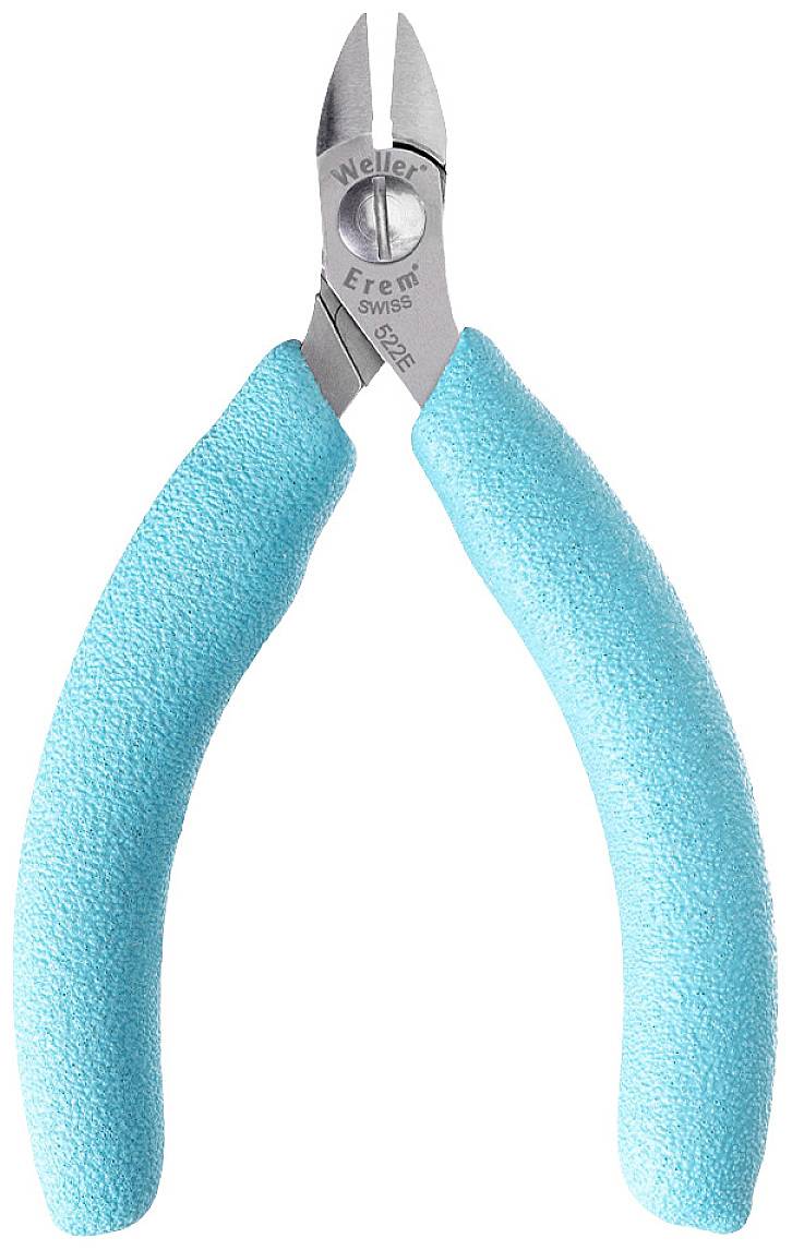 A pale blue wire cutter with an ergonomic handle, suitable for precise cutting of fine wires in electronic applications.
