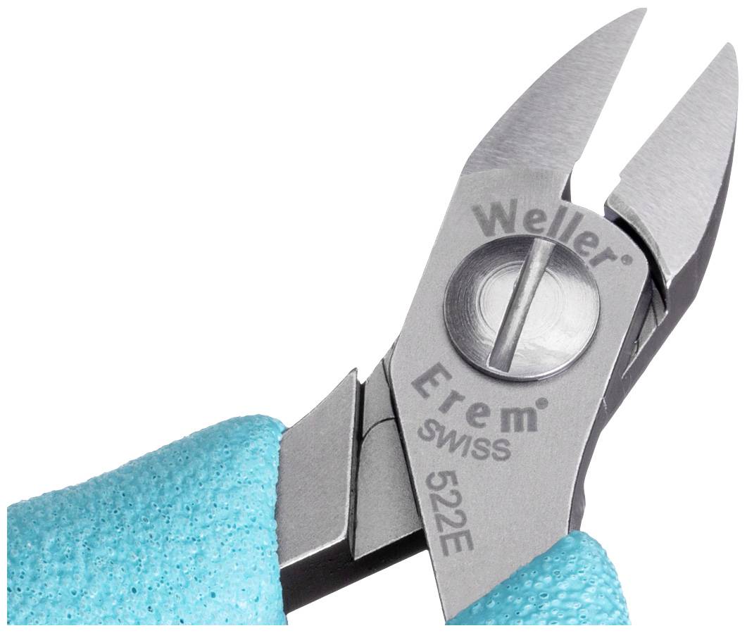 Close-up of a precise cutting pliers with a blue handle. The pliers read 'Weller Erem SWISS 522E'. Suitable for delicate work.