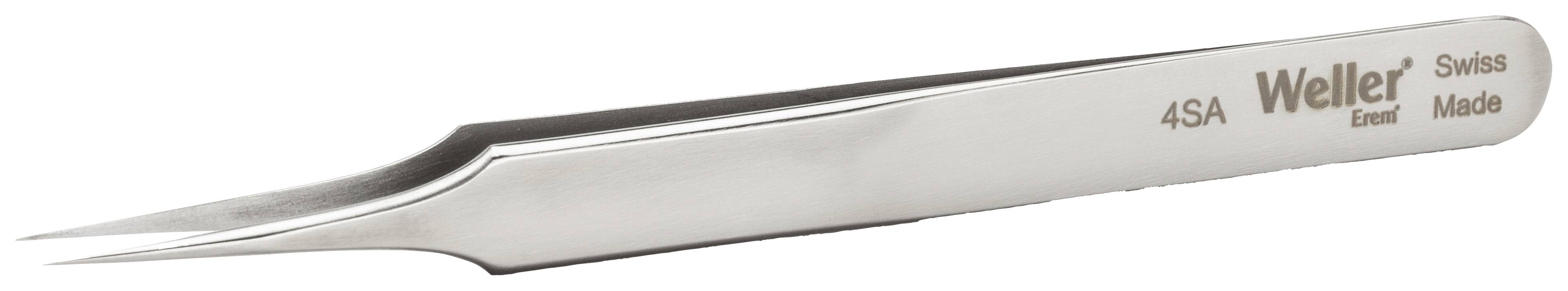 A stainless steel tweezers with a fine tip, engraved with 'Weller 4 SA Swiss Made'. Suitable for precision work.