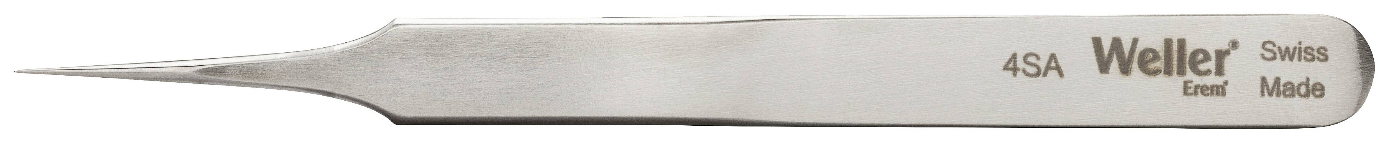 Brief view of a pointed tweezers with 'Weller Swiss Made' engraving, suitable for precision work.