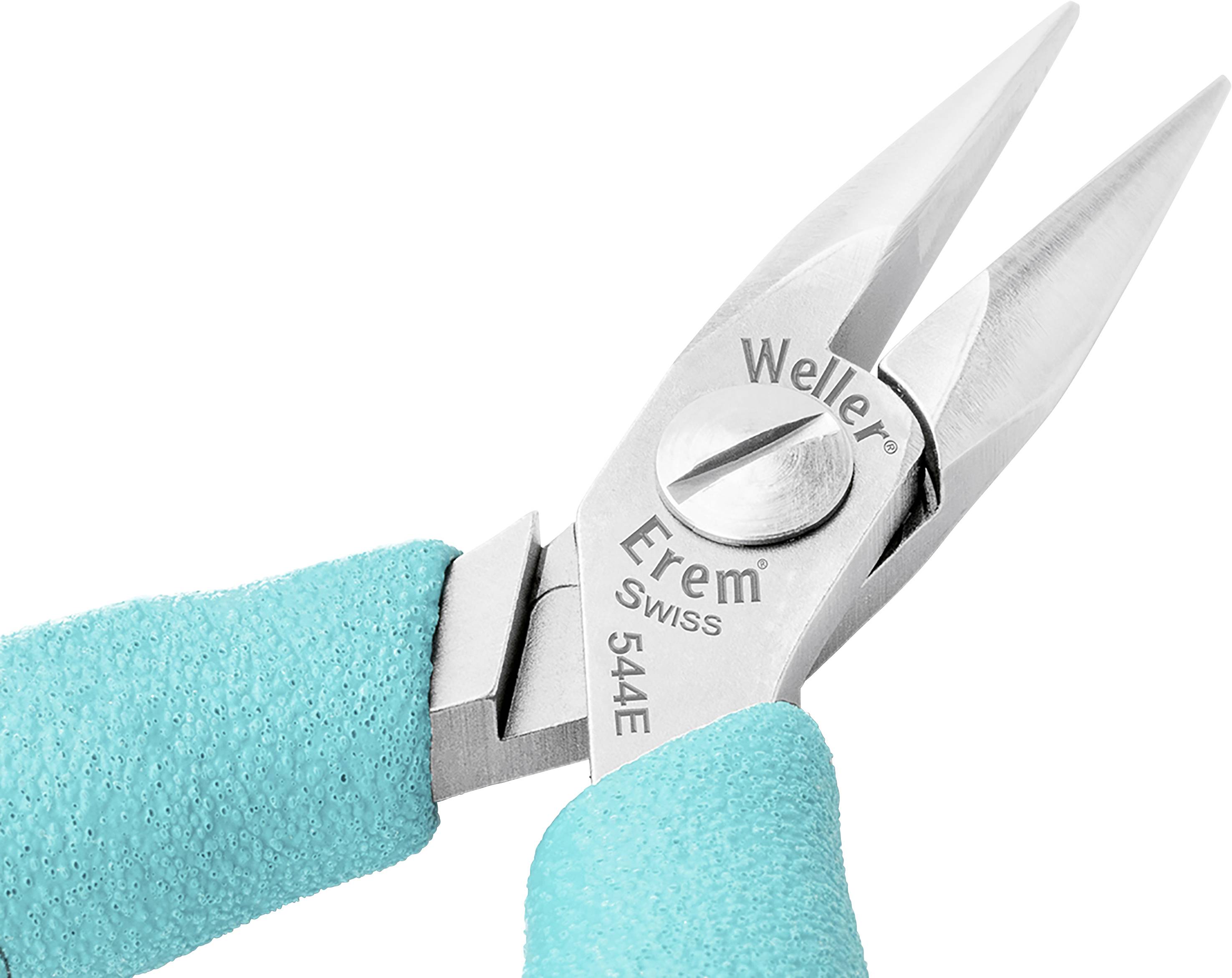 Tweezers with turquoise handles by the brand Erem 544E Swiss. They are made of metal, precise, and used for delicate cutting work.