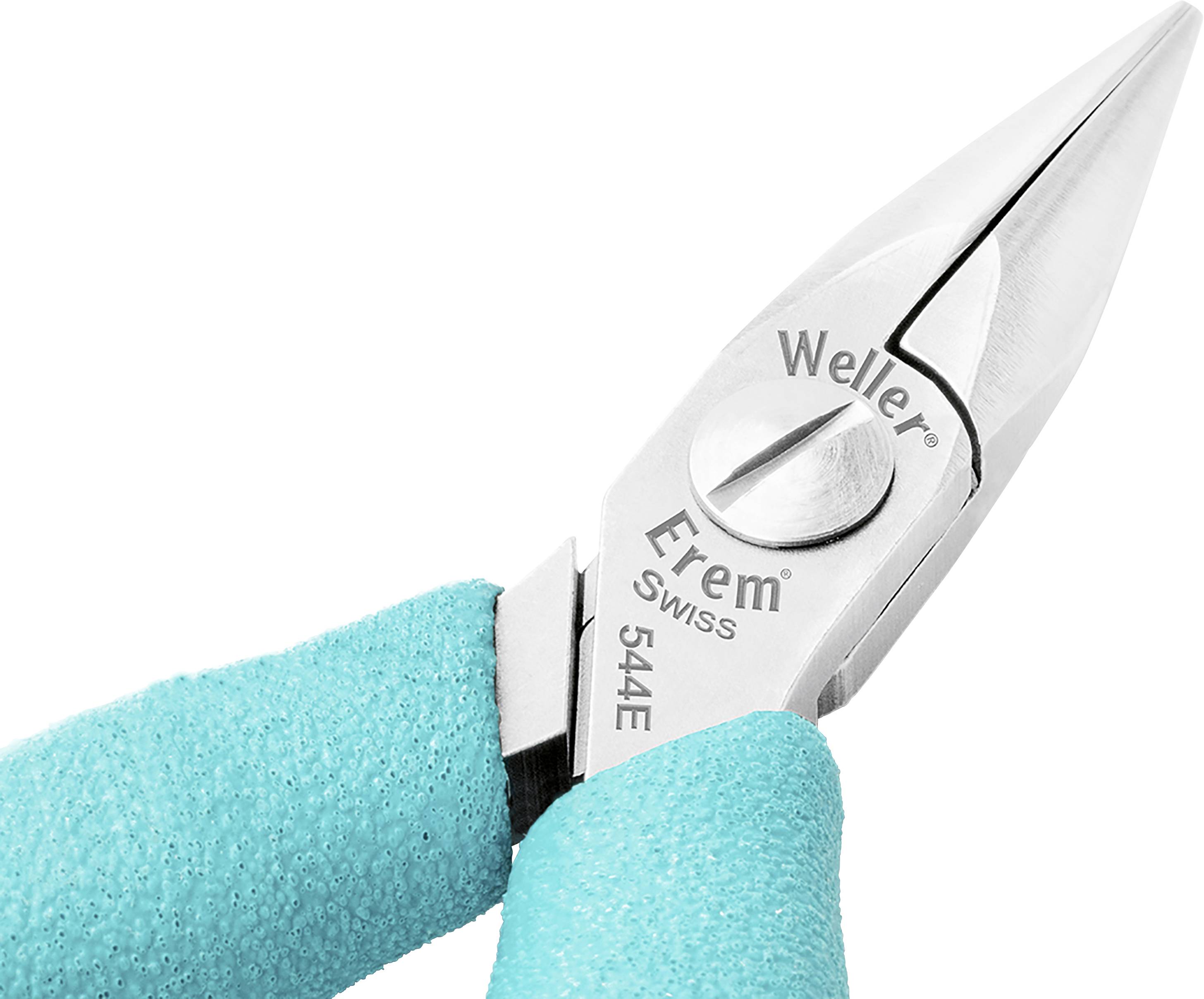 An electric pliers with green rubber-coated handles shows the brand inscription 'Weller Erem Swiss 544E'.