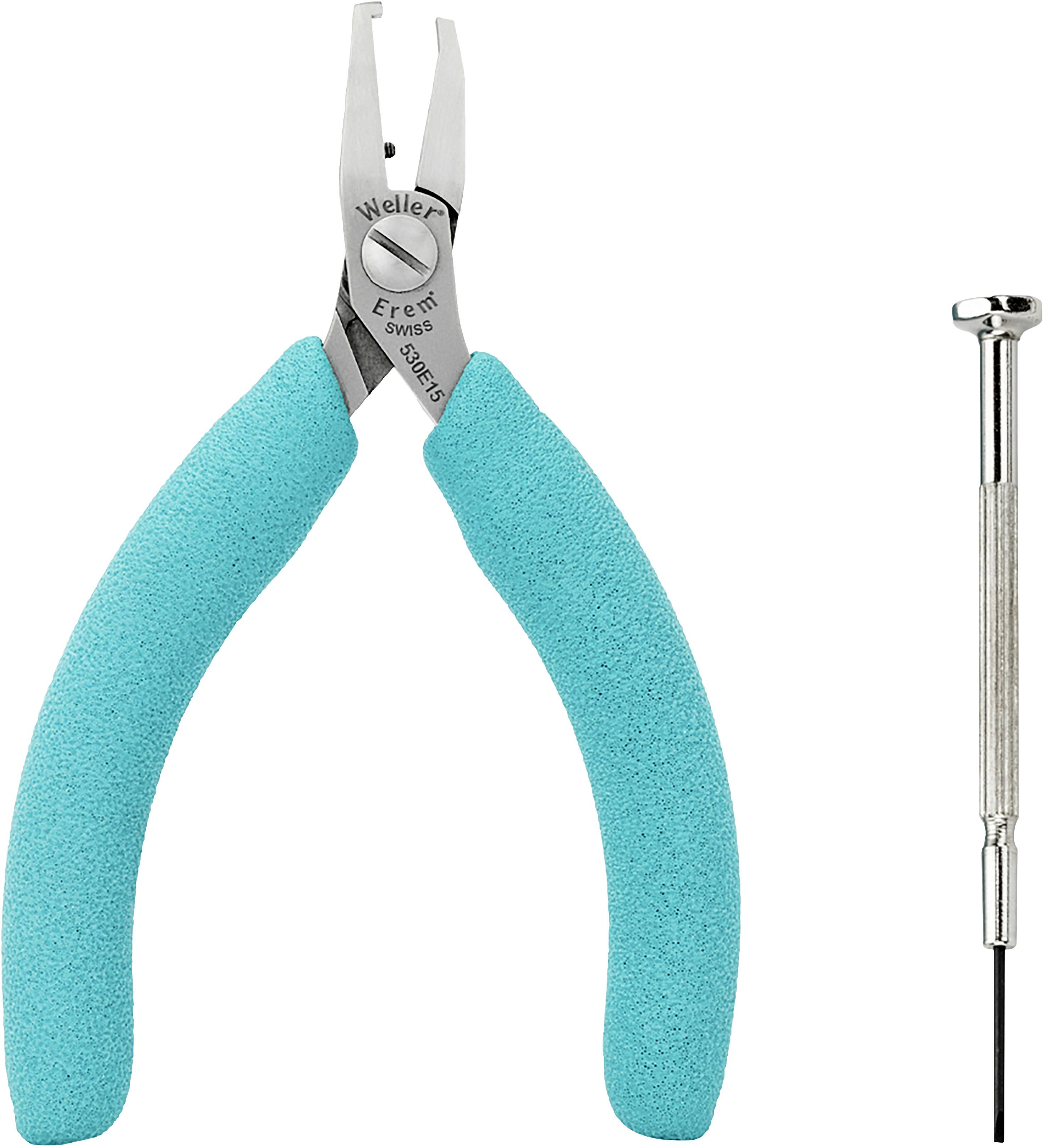 Teal pliers with a narrow head and a screwdriver with a thin, metallic handle positioned next to them on the right.