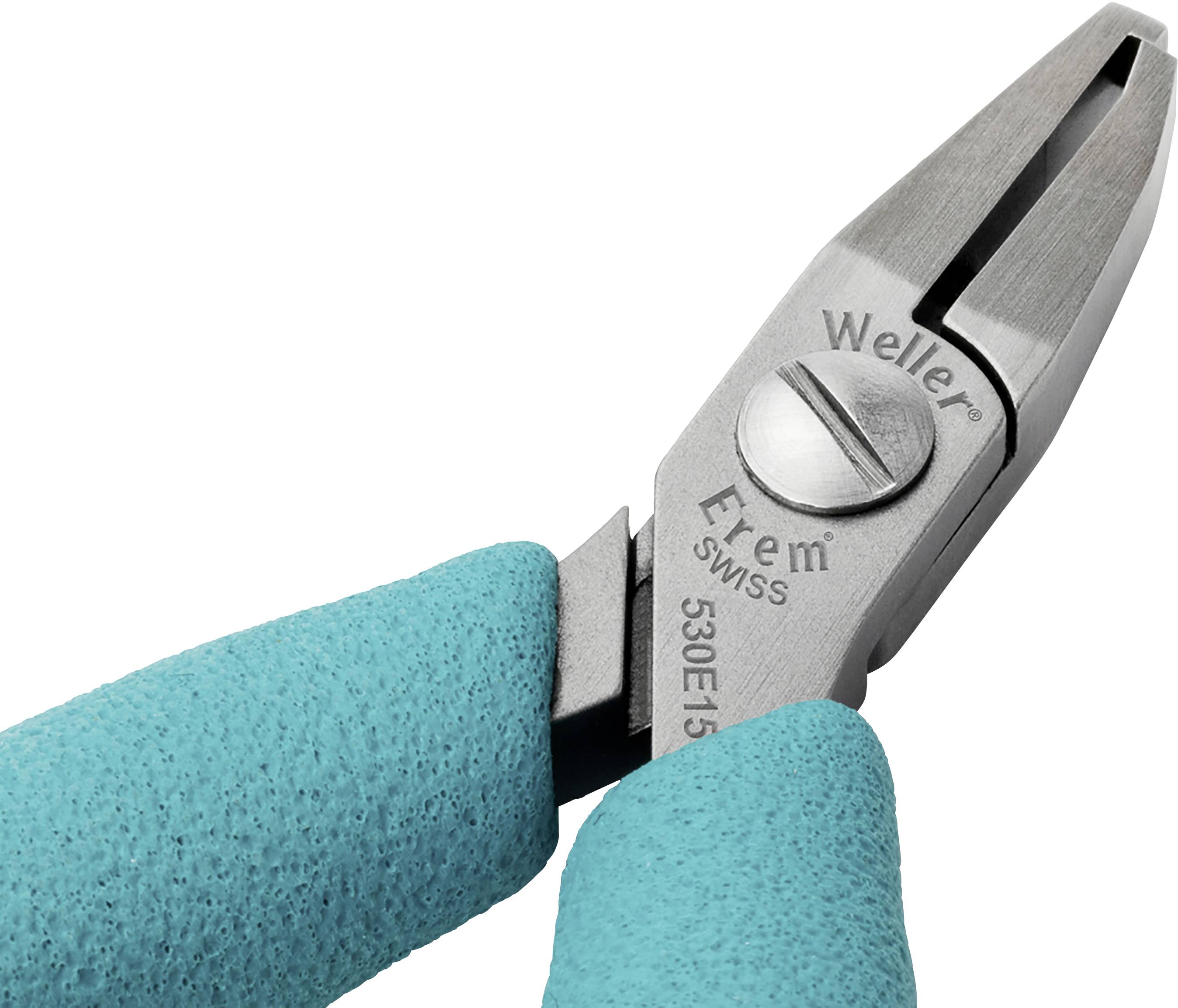 A pointed pliers with turquoise handles, suitable for precise cutting work, displays the inscription 'Weller Swiss'.
