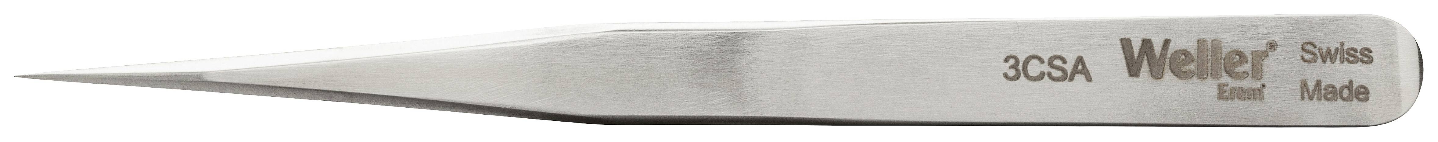 A straight stainless steel tweezers with the inscription '3CSA Welker Swiss Made'. Suitable for precisely gripping small objects.