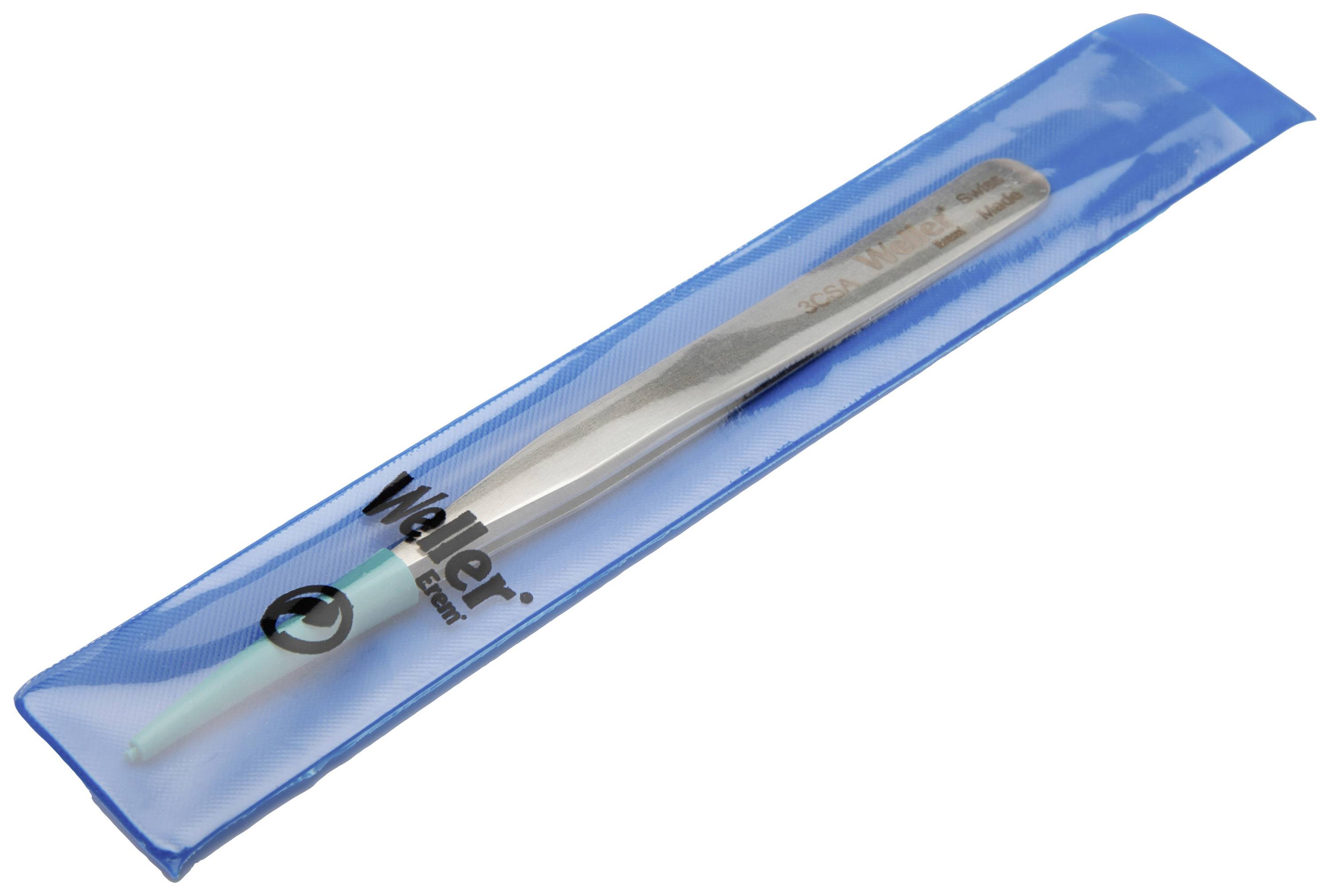 A pair of Weller electronic tweezers in a blue plastic case, often used for grasping small electronic components.