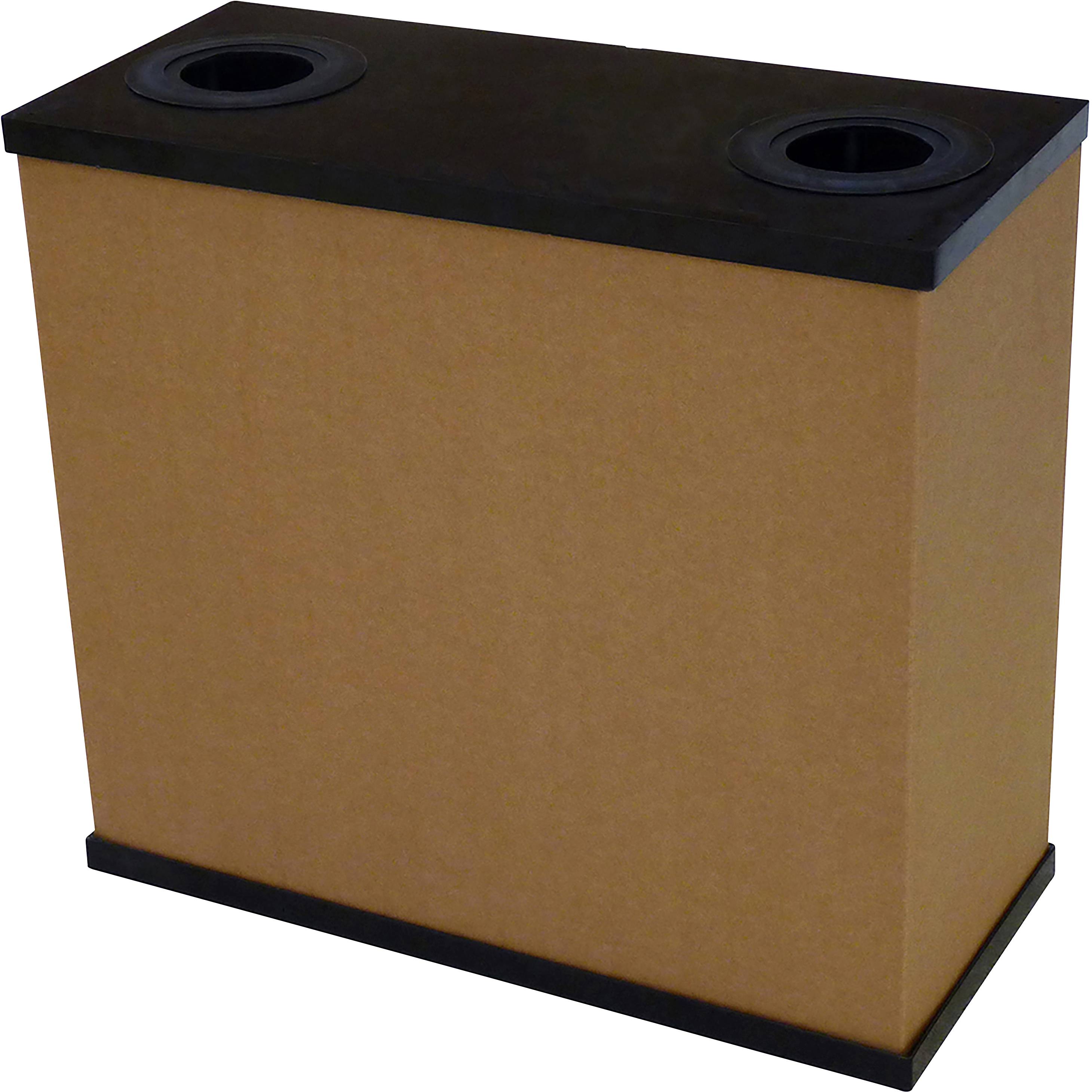 A rectangular, brown waste bin with two round insertion slots on the black top surface.