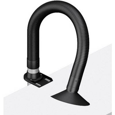 A flexible, black extraction arm is attached to the edge of a table. It is used for extracting vapours or dust.