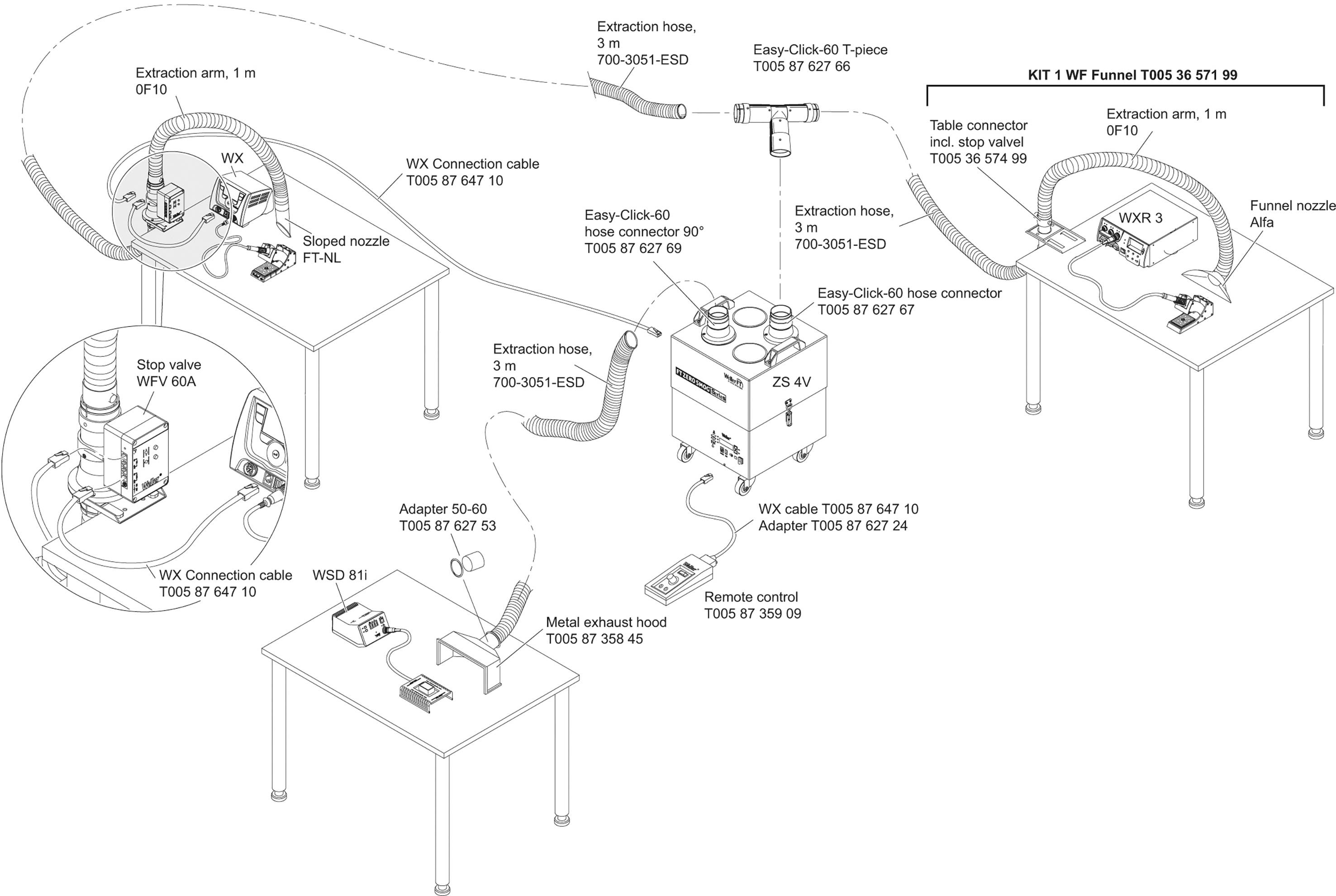 Diagram shows the layout of a soldering workstation with devices and connections, including extraction arms, control units, and cables.