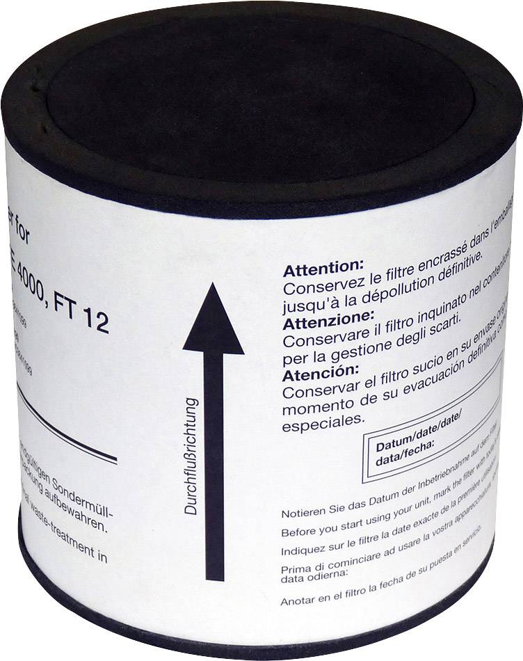 Cylindrical filter with label. Inscription: 'Ventilation', arrow pointing upwards. Various languages warn about instructions for use.