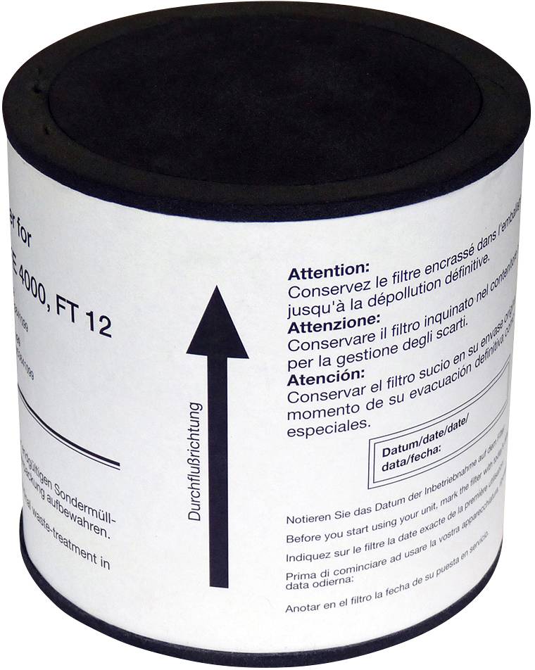 Filter cartridge with upward arrow. Text on the cartridge provides disposal instructions in multiple languages.