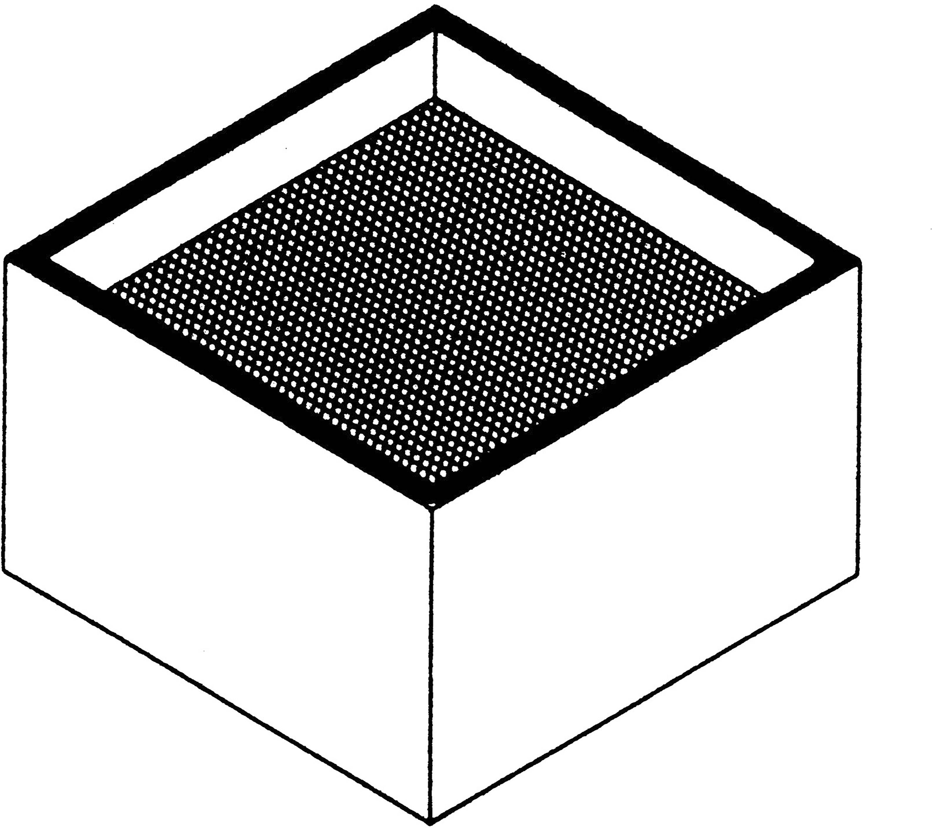 A simple, isometric cube with a dotted, shaded pattern on its top surface.