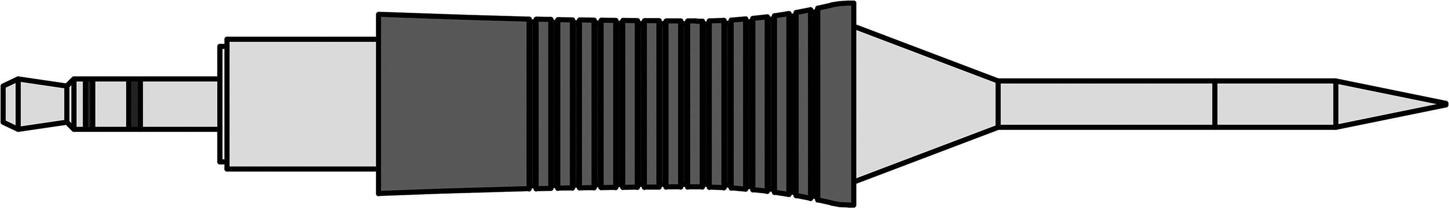 A technical diagram depicts a pneumatic stopper. A slender nozzle mounted on a thicker corrugated base with connections.