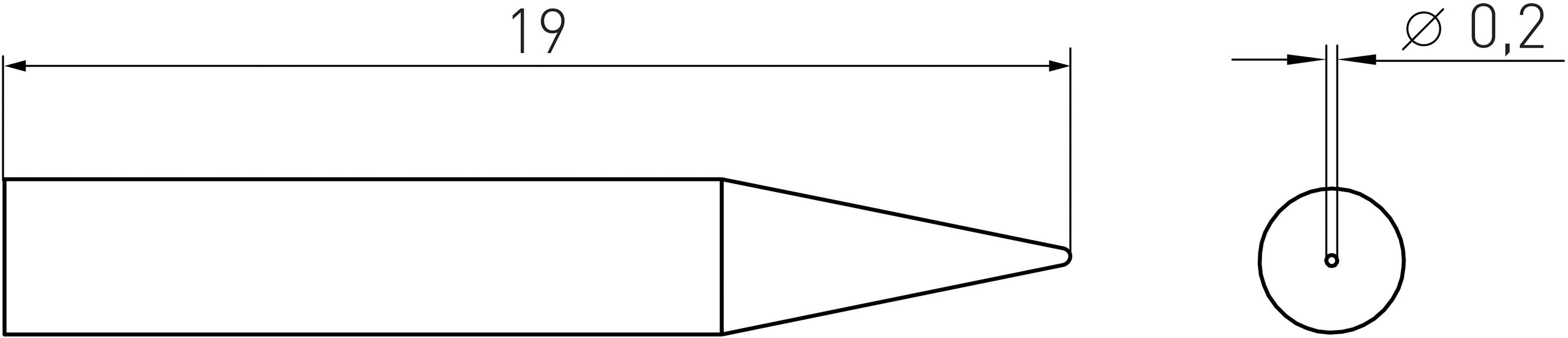 Technical drawing of a pointed, cylindrical component with a length of 19 mm and a diameter of 0.2 mm.