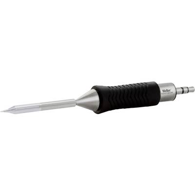 A soldering iron with a black handle and silver tip lies horizontally. 'Weller' is written on the handle side. Suitable for electronic work.