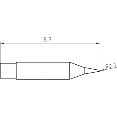 Technical drawing of a pointed cylindrical object with dimensions '18.7' length and 'R0.1' at the tip.