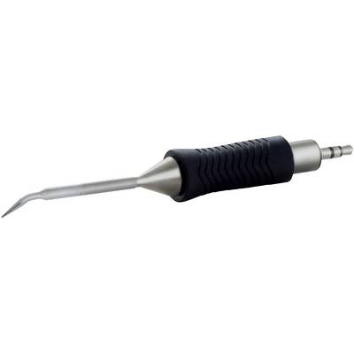 Dental instrument with a curved metal and plastic handle, used for dental treatment and teeth cleaning.