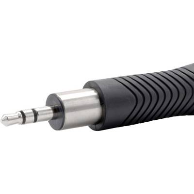 Close-up of a black jack plug with a metal tip, commonly used for headphones or audio connections.
