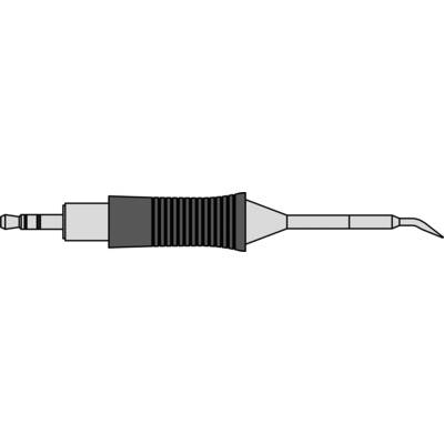 Illustration of a soldering iron tip with a ribbed handle and curved tip used in soldering work.