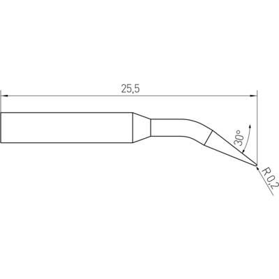 Drawing of a soldering tip: Total length 25.5 mm, tip angle 30 degrees, curvature radius 0.2 mm.