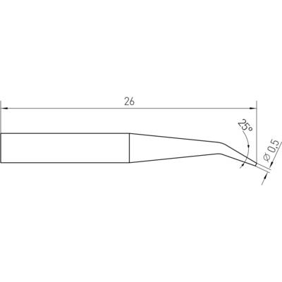 Technical drawing of an angle element: Total length 26 mm, bend at 25 degrees and diameter 0.5 mm at the tip.