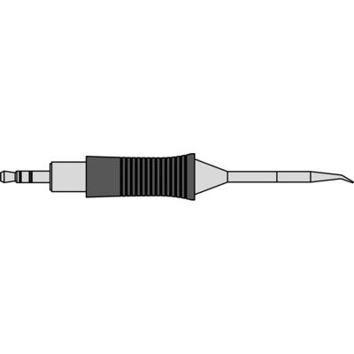 Drawing of a soldering iron tip attachment for a soldering iron, with a ribbed grip and a bevelled, fine point for precise soldering.