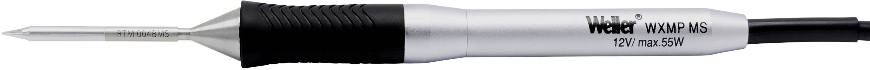 A soldering iron with a black handle and silver tip is pictured. The 'Weller' branding and model details are visible.