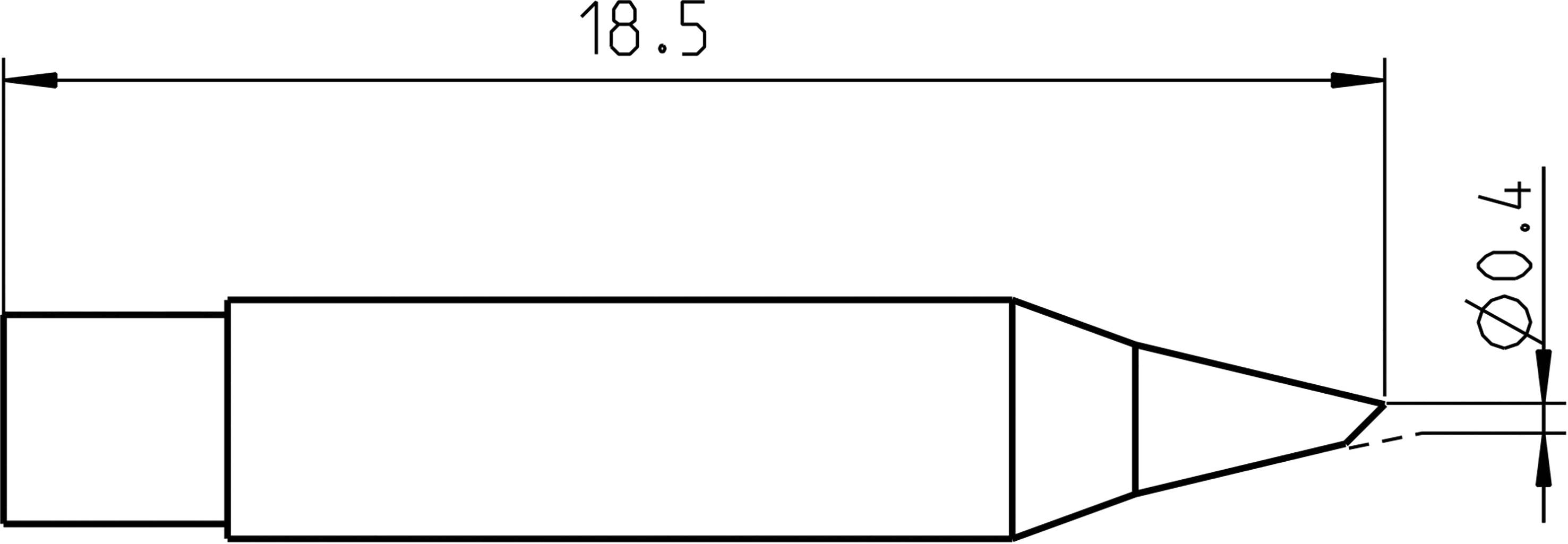 Technical drawing of a soldering tip profile with a length of 18.5 mm and a tip size of 0.4 mm in diameter.